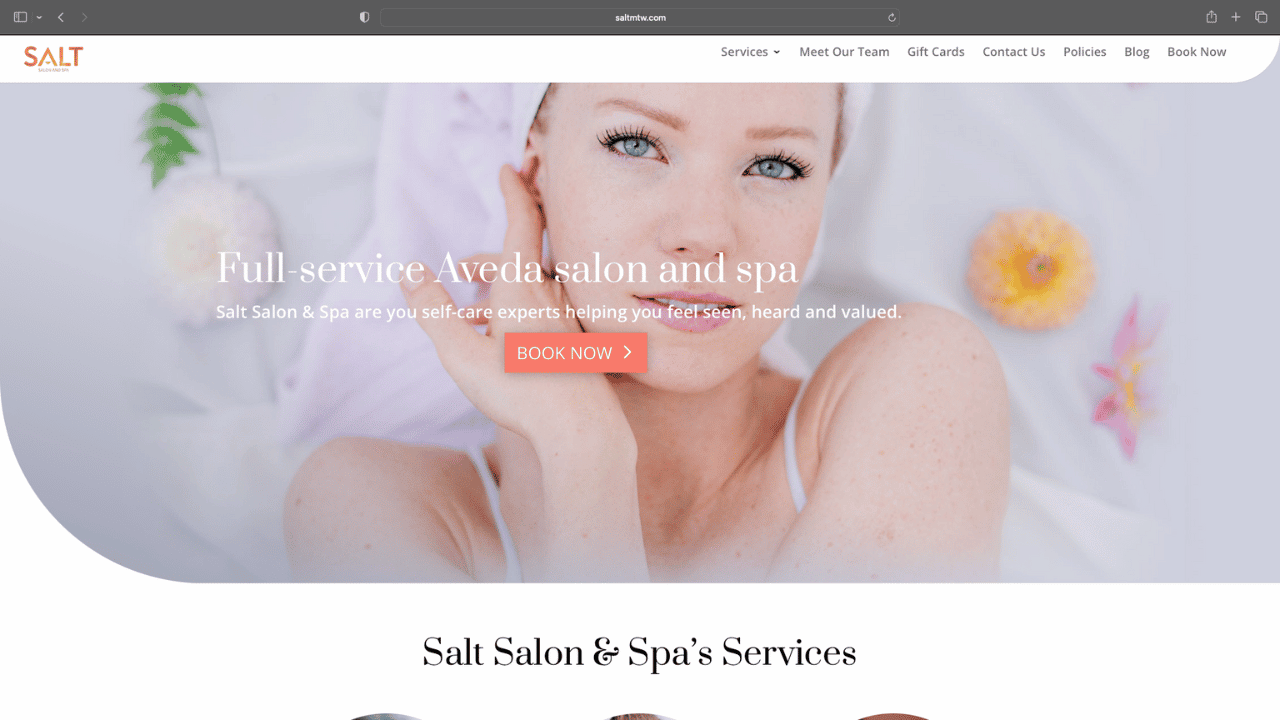 salt salon and spa website home page
