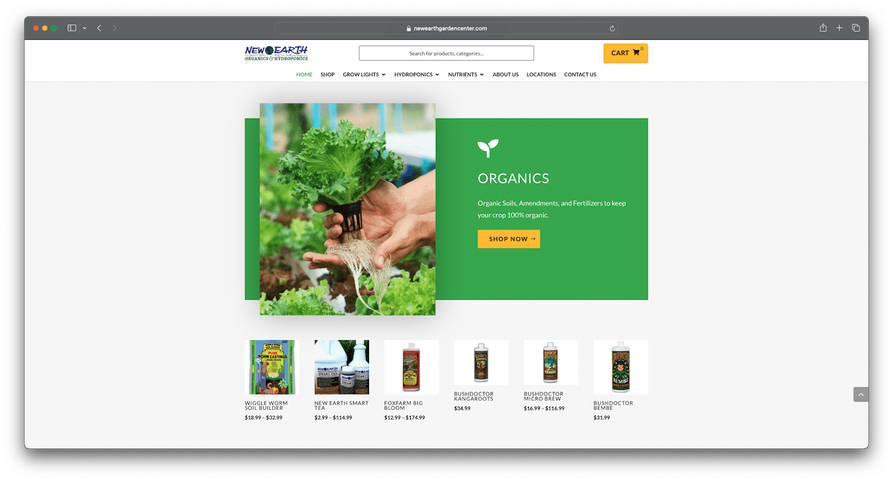 new earth garden center ecommerce homepage